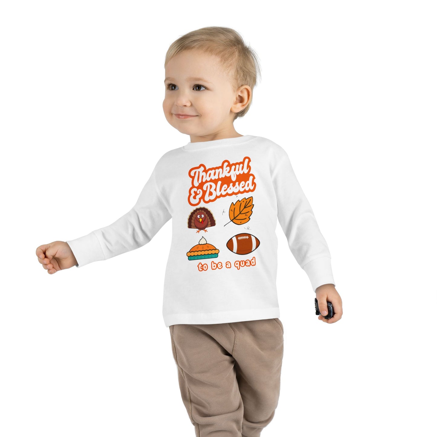 Quadruplet Long Sleeve Tee — "Thankful & Blessed" Thanksgiving Turkey Football Pie Fall Shirt