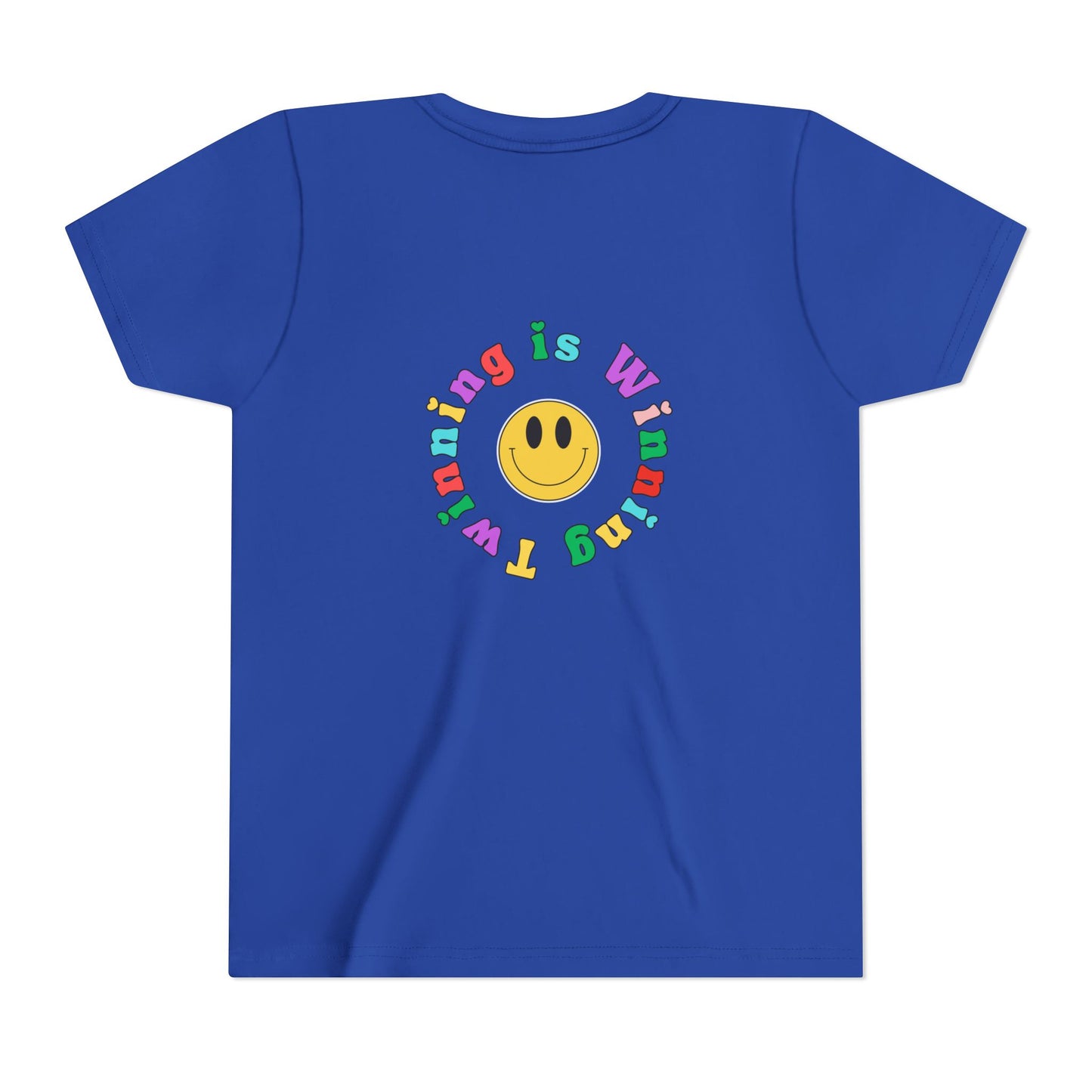Twin Gymnastics Tee- Front and Back Retro Smiley Face Designs — 'Twinning is Winning' Rainbow