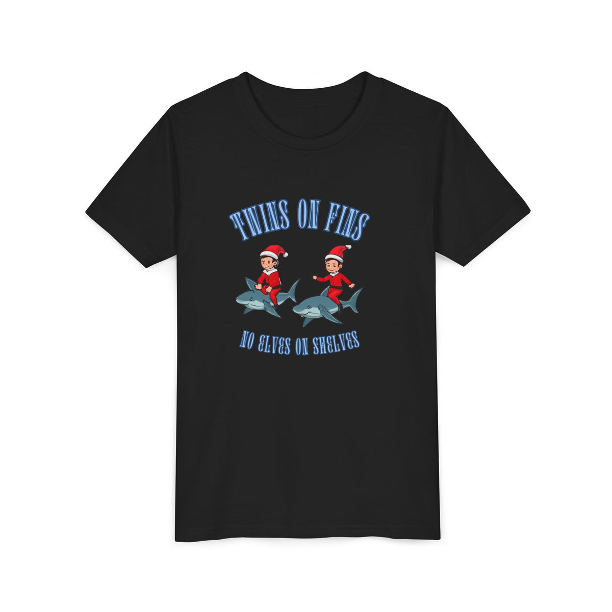 Twins on Fins- Shark Graphic Shirt- Elves on Shelves Parody