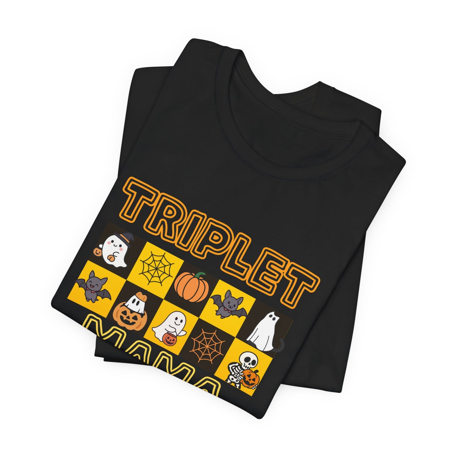Triplet Mama Halloween Tee — Cute Spooky Mom Shirt with Ghosts & Pumpkins