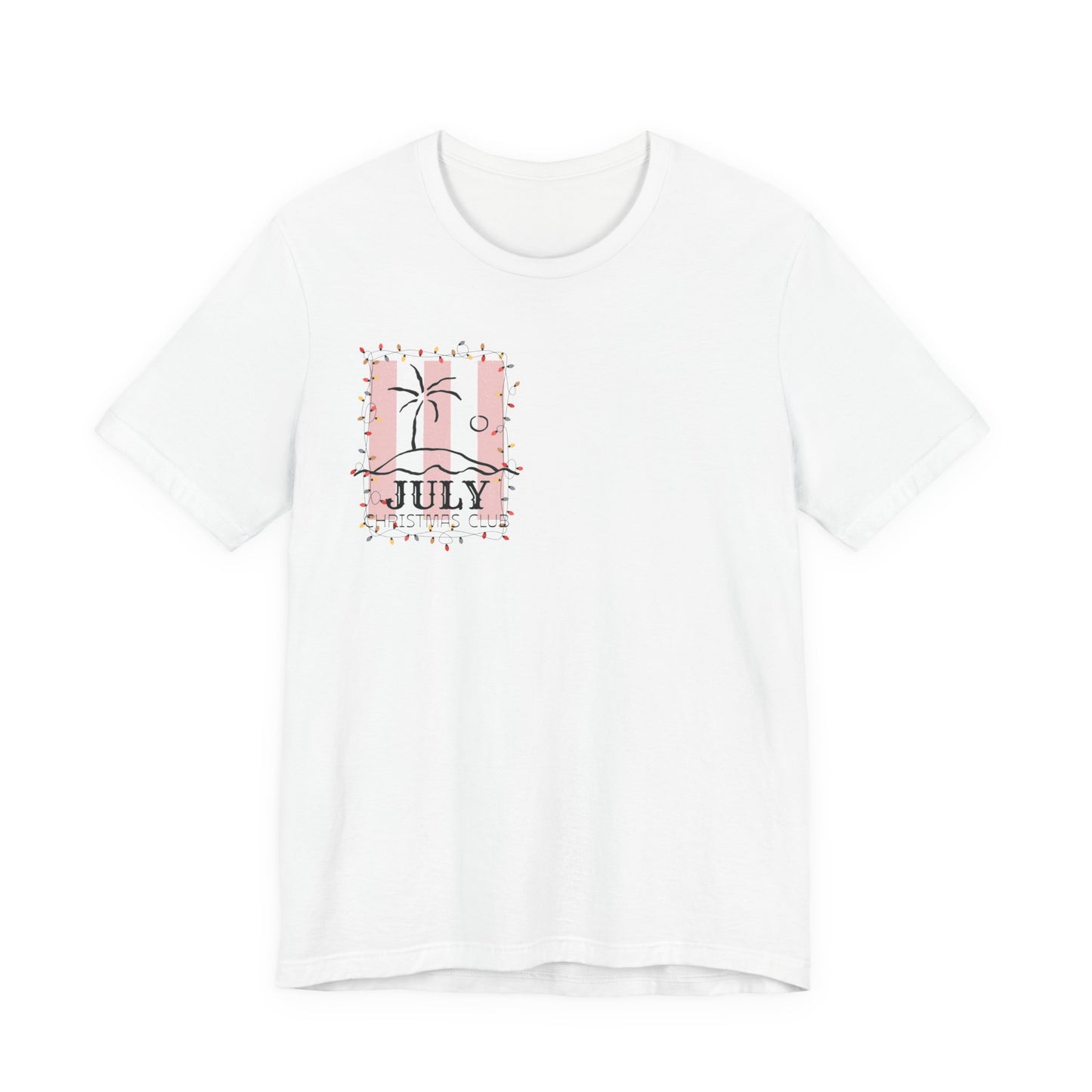 July Christmas Club — Tropical Palm & Holiday Lights Beach Shirt- FRONT AND BACK DESIGN