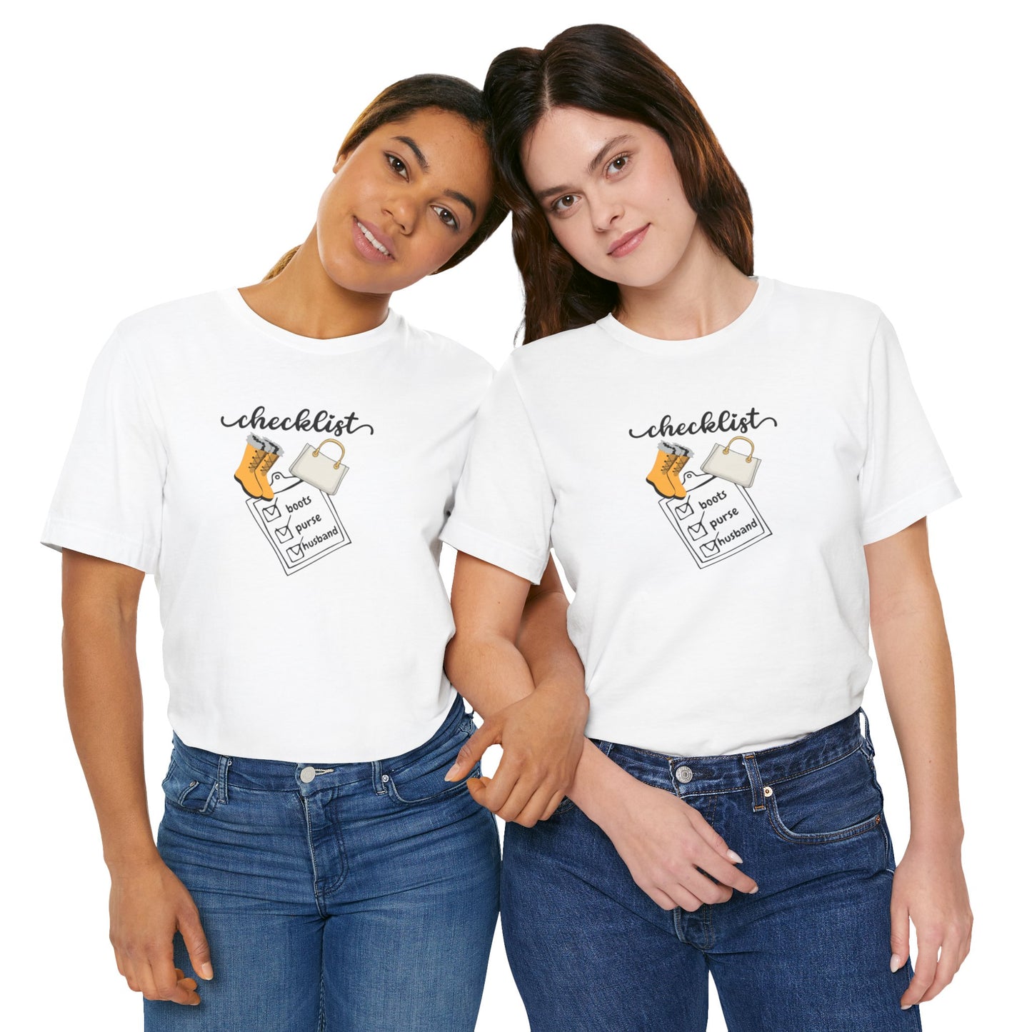 Wife Joke Checklist Tee - 'Checklist: Boots, Purse, Husband' Graphic T-Shirt Christmas Gift