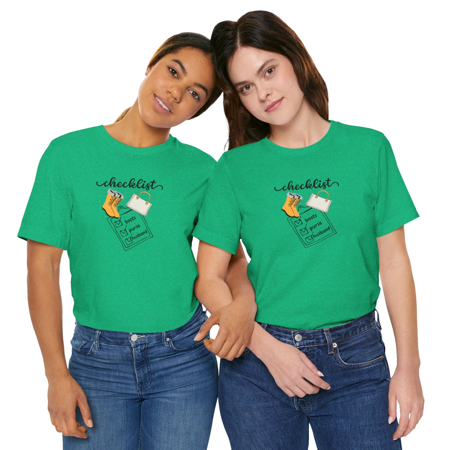 Wife Joke Checklist Tee - 'Checklist: Boots, Purse, Husband' Graphic T-Shirt Christmas Gift