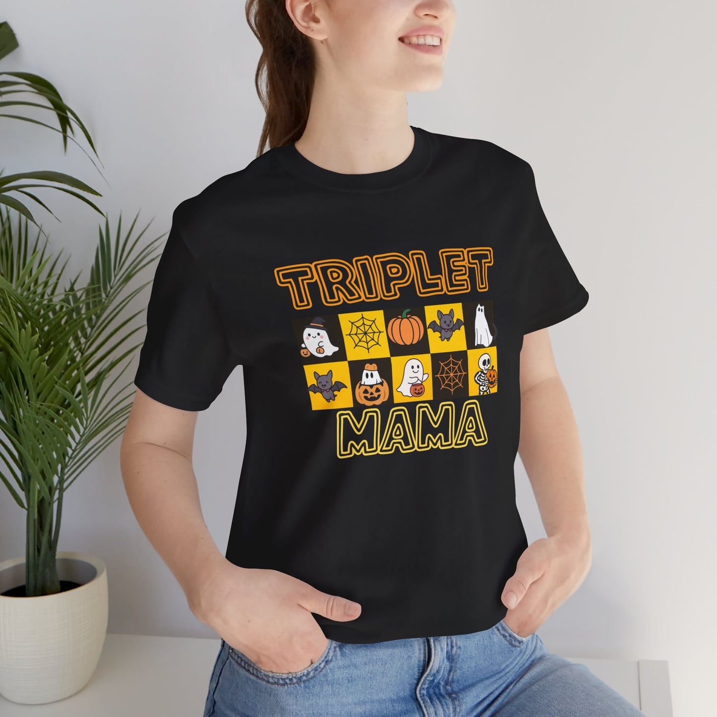 Triplet Mama Halloween Tee — Cute Spooky Mom Shirt with Ghosts & Pumpkins