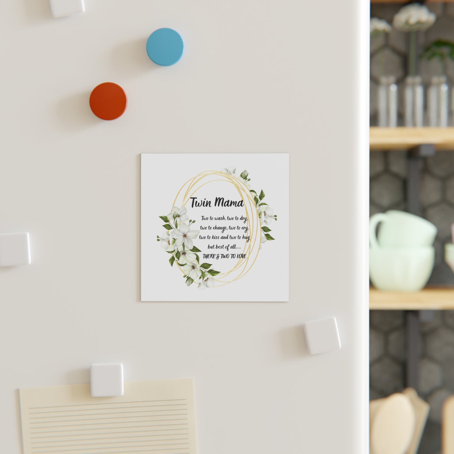 Twin Mama Square Magnet — Floral Gold Wreath Gift for Mothers of Twins