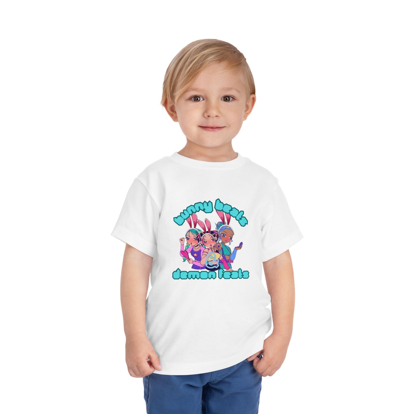 Kids 2-5 years K-Pop Anime Easter Tee - "bunny beats and demon feats" slogan