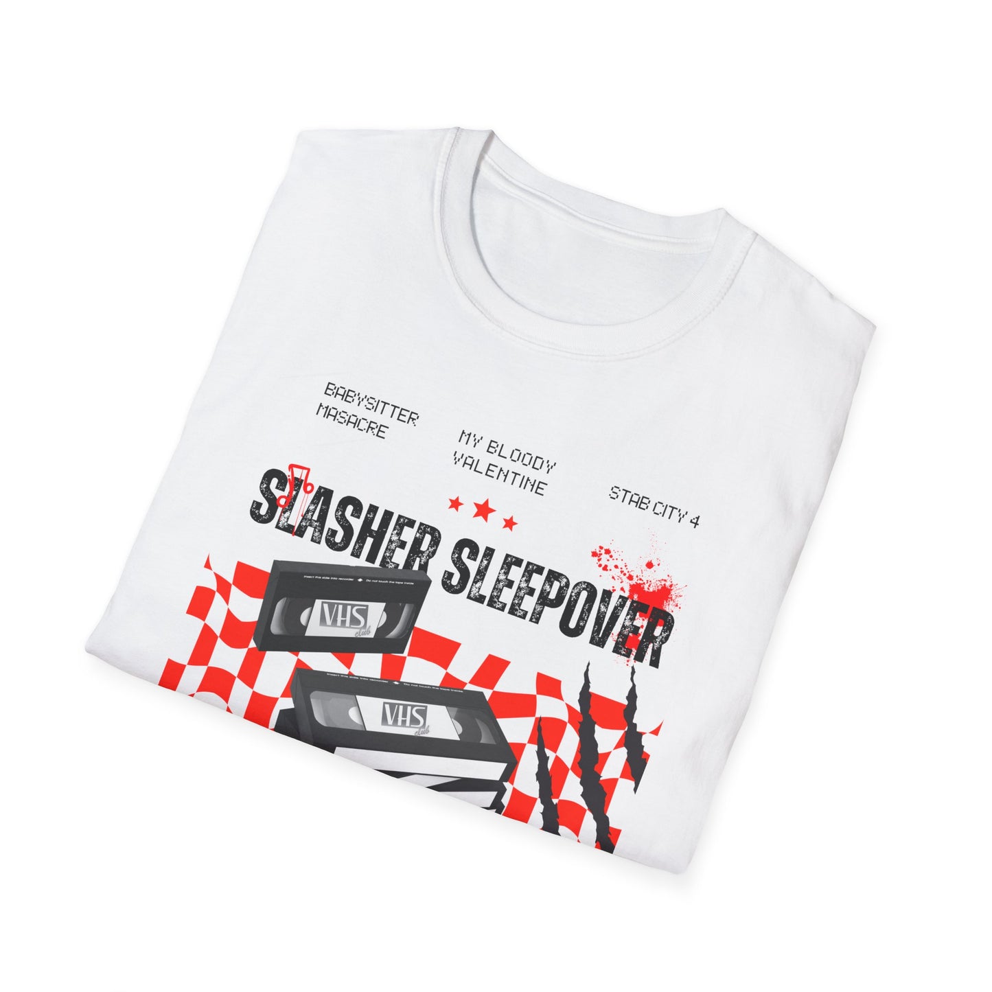 Slasher Sleepover Horror Movie Tee — Retro VHS Blood Splatter Design