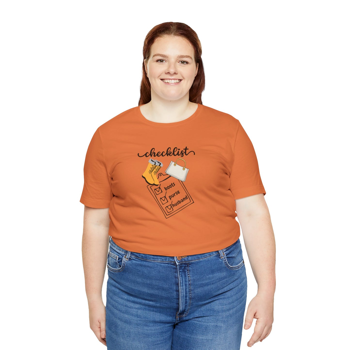 Wife Joke Checklist Tee - 'Checklist: Boots, Purse, Husband' Graphic T-Shirt Christmas Gift