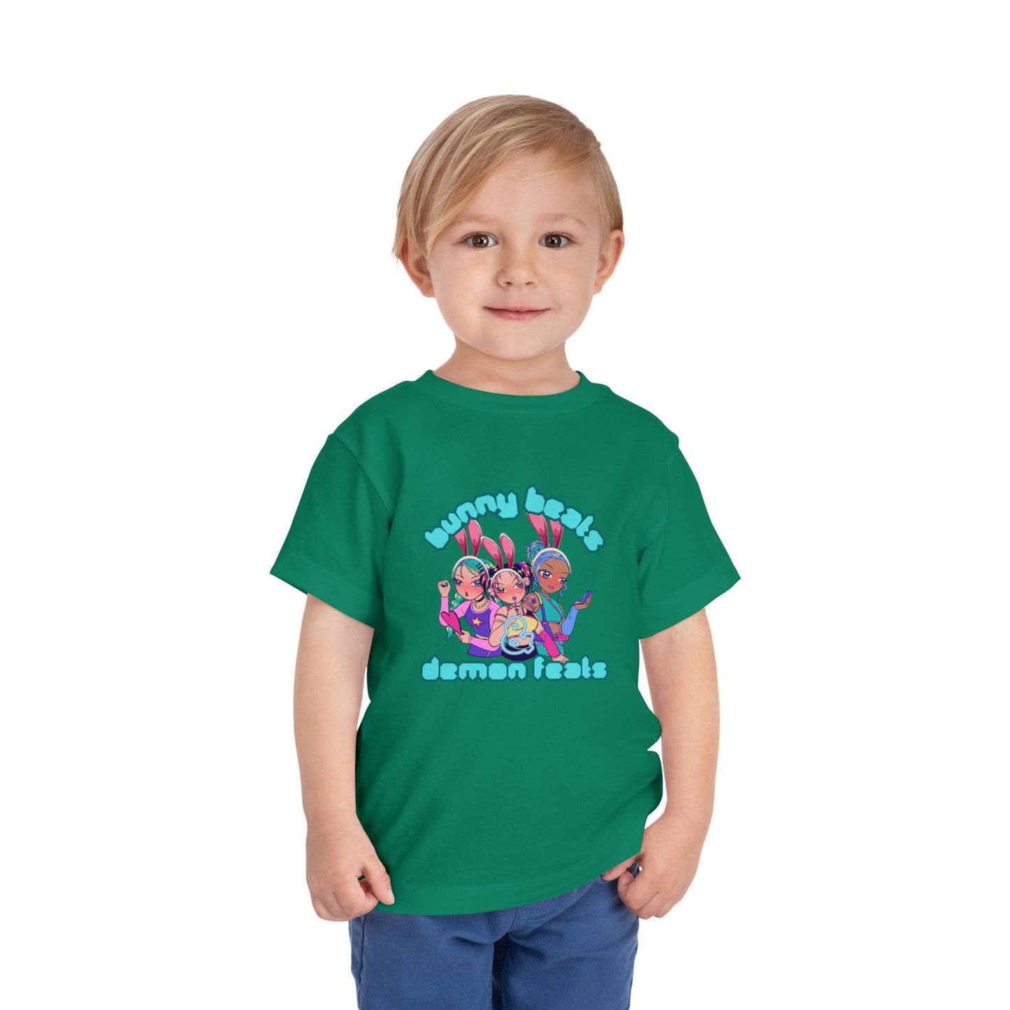 Kids 2-5 years K-Pop Anime Easter Tee - "bunny beats and demon feats" slogan