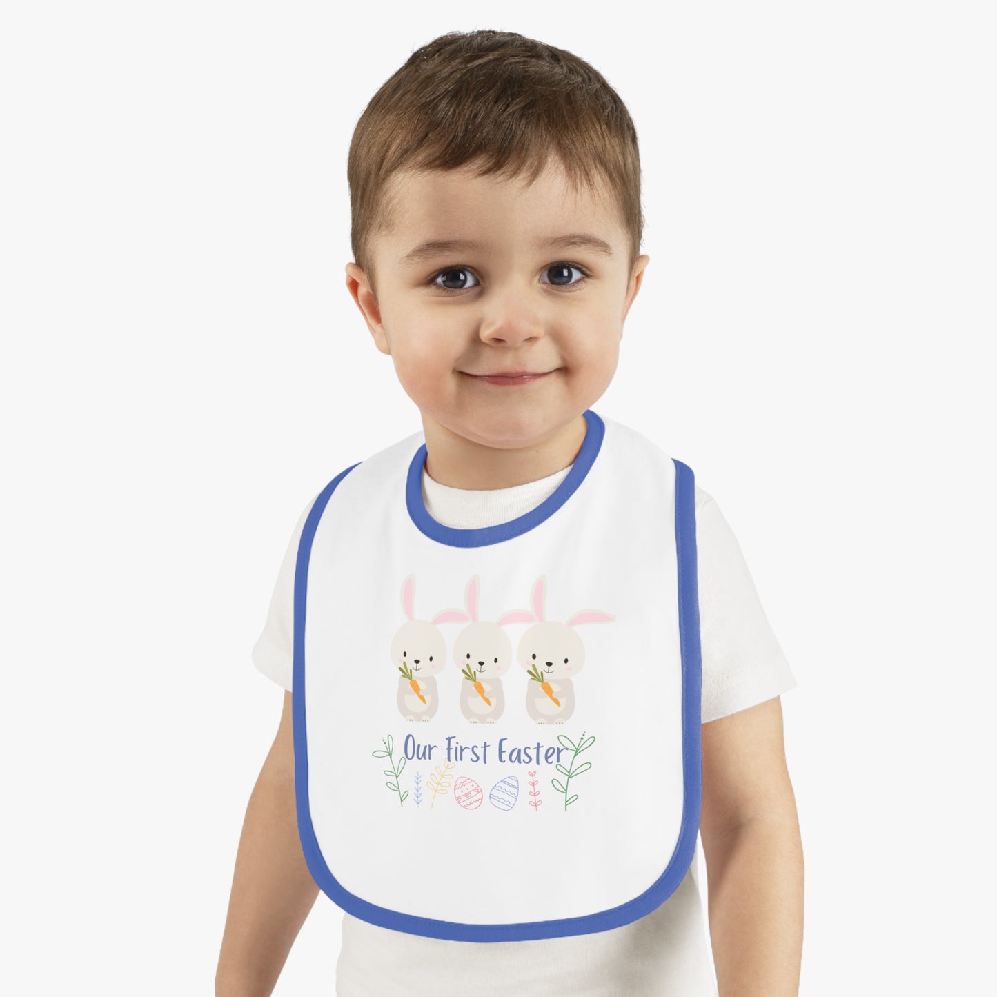 Our First Easter Triplet Baby Bib - Adorable Contrast Trim Jersey Bib for Special Celebrations