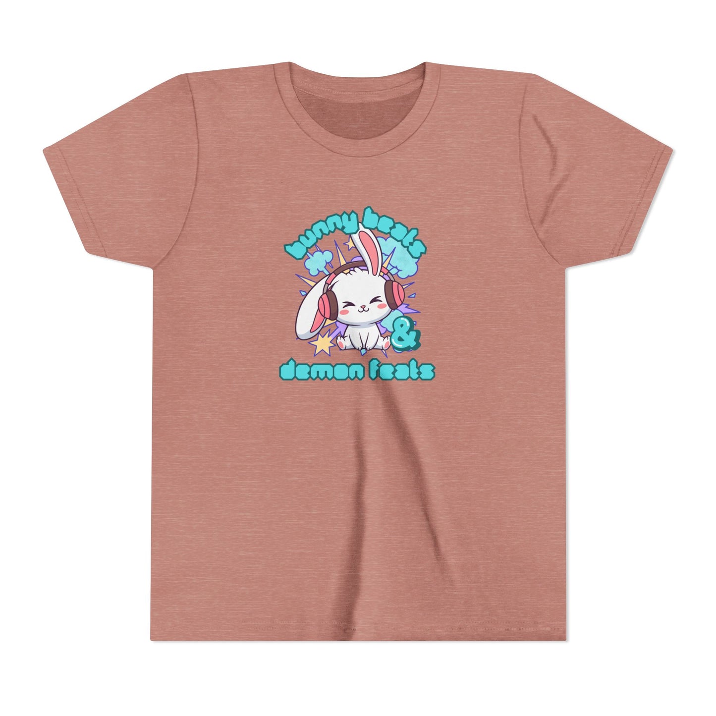 Cute Easter Bunny Headphones Graphic Tee for Young Adults- "Bunny Beats and Demon Feats" Anime K-pop Shirt