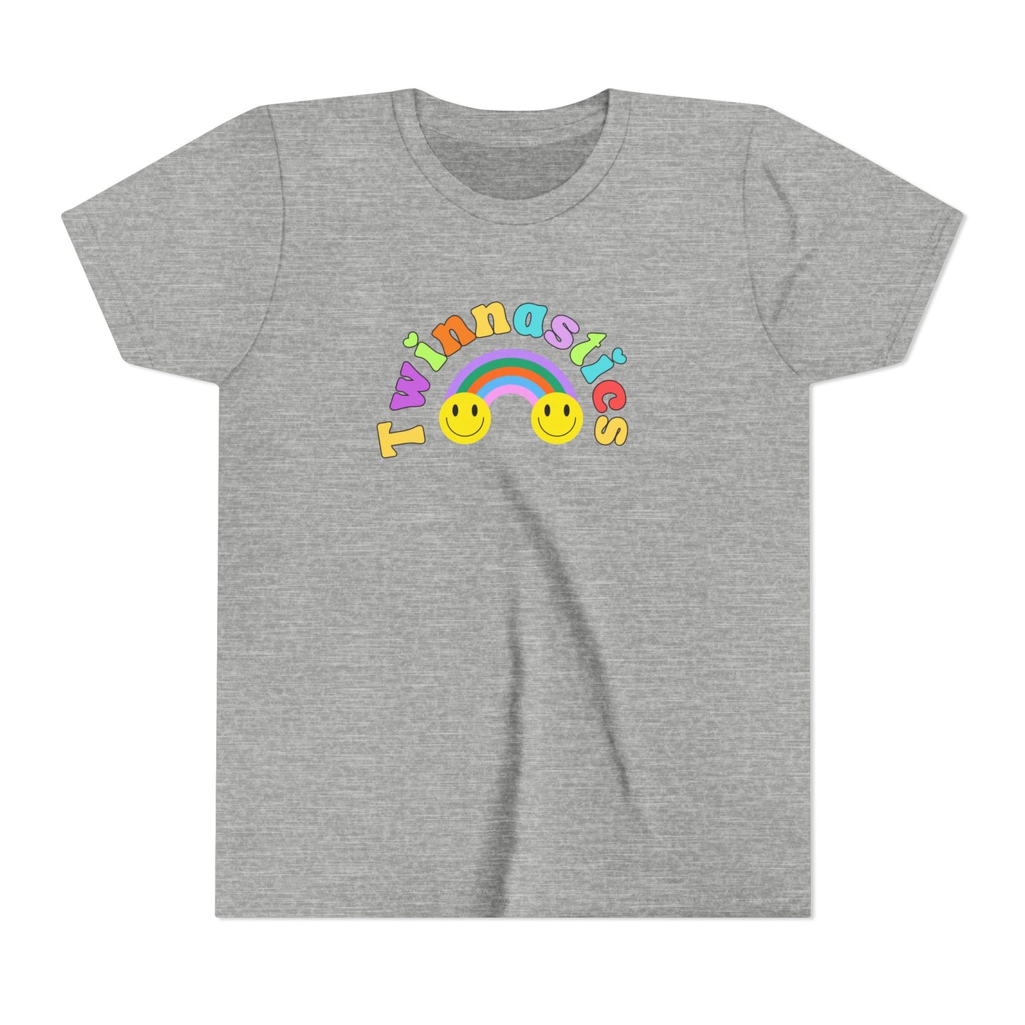 Twin Gymnastics Tee- Front and Back Retro Smiley Face Designs — 'Twinning is Winning' Rainbow