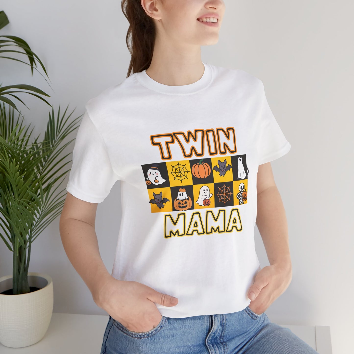 Twin Mama Halloween Tee – Cute Spooky Checkerboard Shirt for Twin Moms