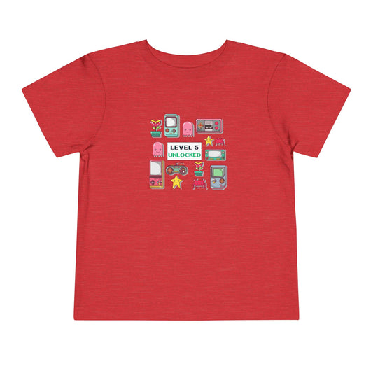 5th Birthday Tee — "Level 5 Unlocked" Retro Game Icons