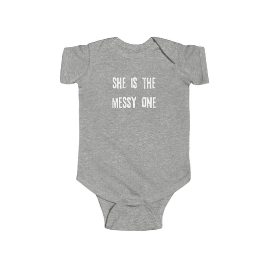 Twin Baby Bodysuit "She Is The Messy One" – Baby Girl Funny Graphic Onesie