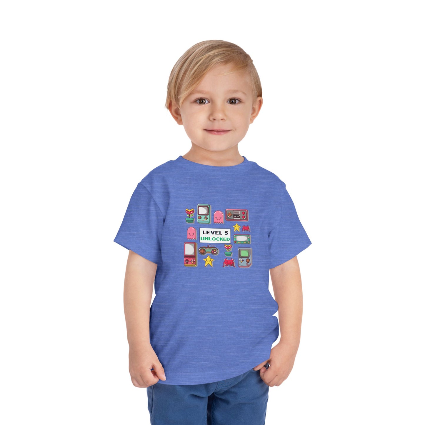 5th Birthday Tee — "Level 5 Unlocked" Retro Game Icons
