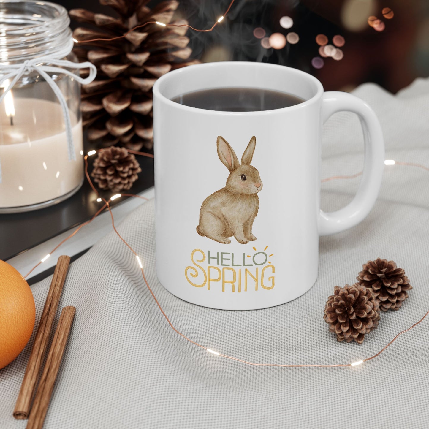 Hello Spring Bunny Ceramic Mug — Cute Watercolor Rabbit Coffee Cup