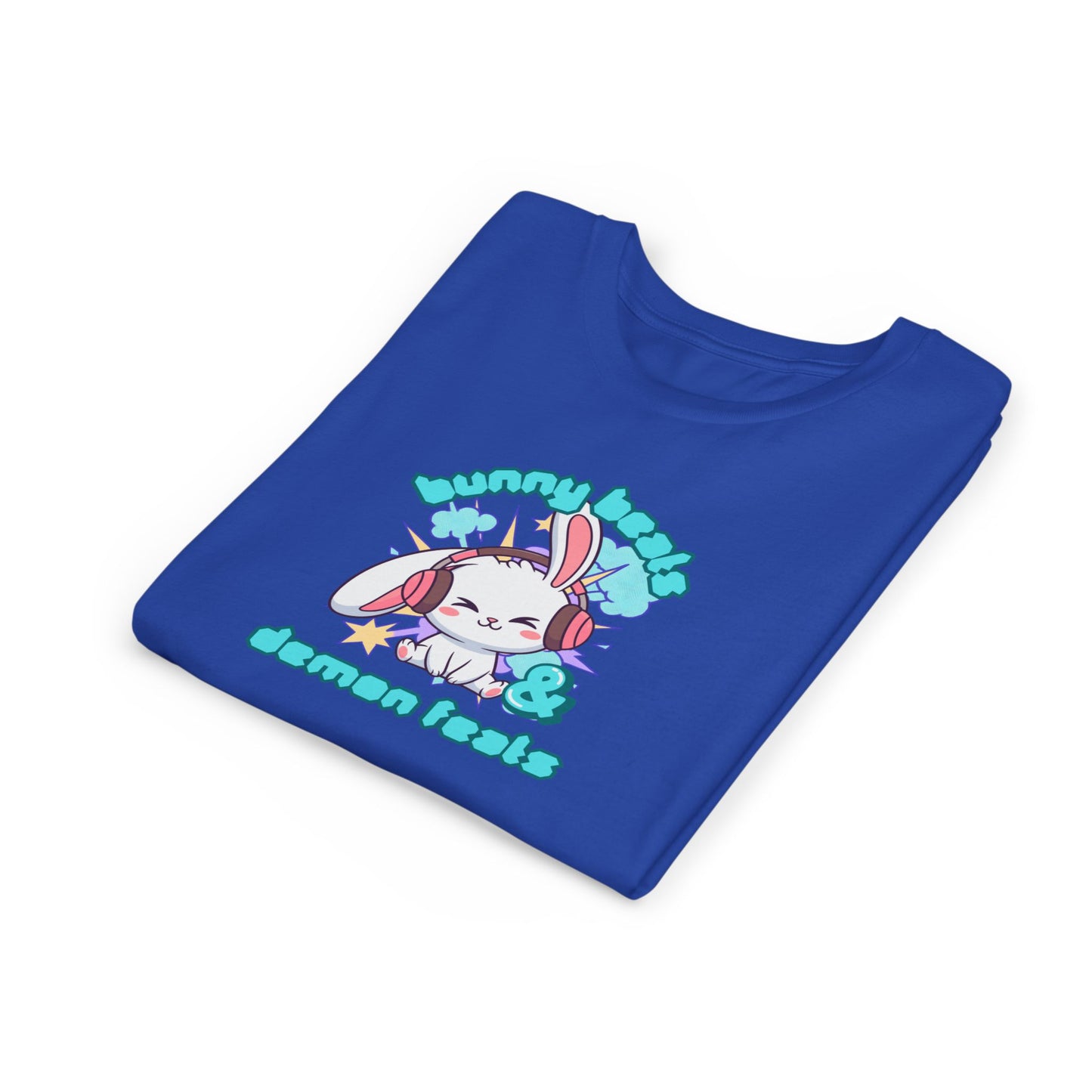 Cute Easter Bunny Headphones Graphic Tee for Young Adults- "Bunny Beats and Demon Feats" Anime K-pop Shirt