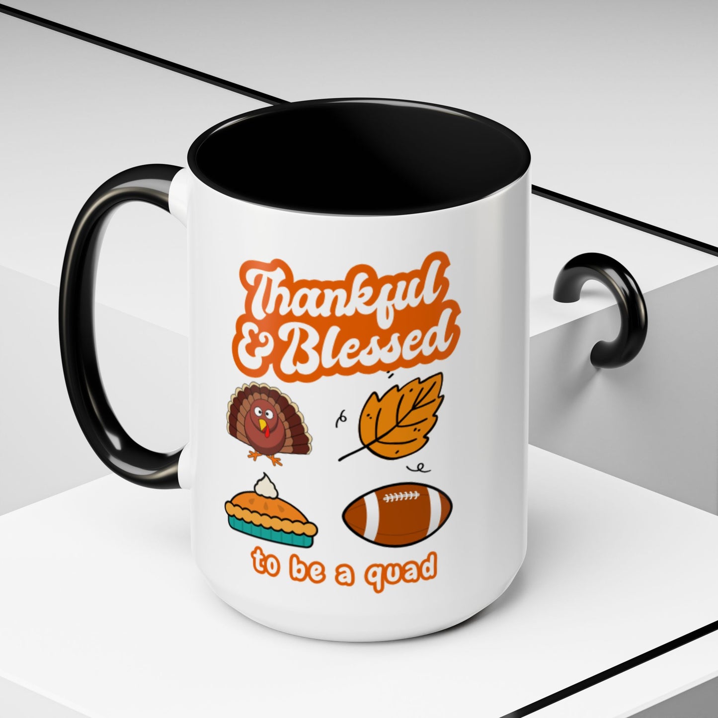 Thankful & Blessed Thanksgiving Coffee Mug — Cute Turkey, Pie & Football Accent Mug (11/15 oz)