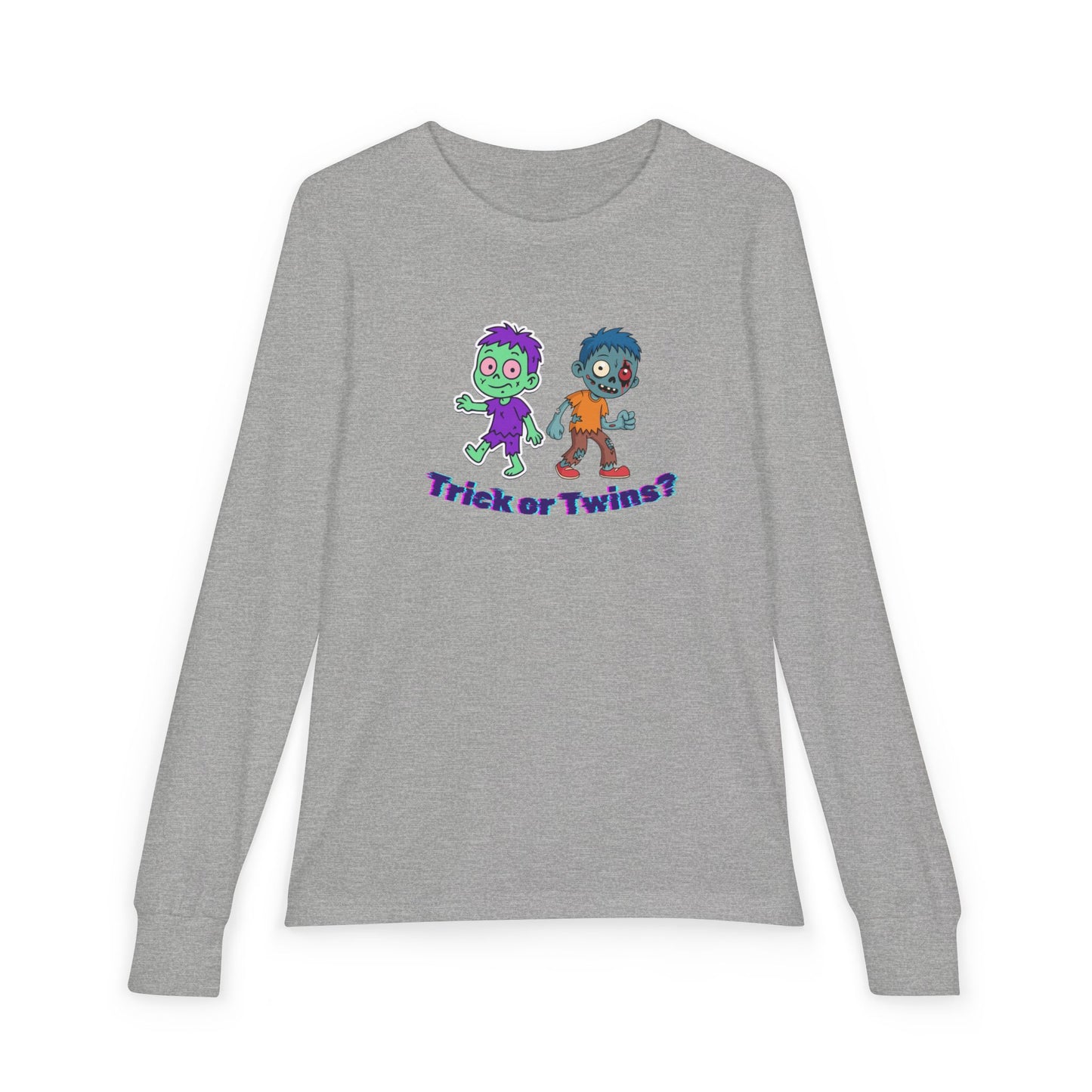 Youth Long Sleeve Tee — "Trick or Twins?" Cute Halloween Twin Zombie Graphic