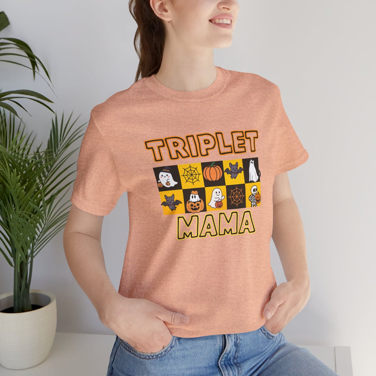 Triplet Mama Halloween Tee — Cute Spooky Mom Shirt with Ghosts & Pumpkins