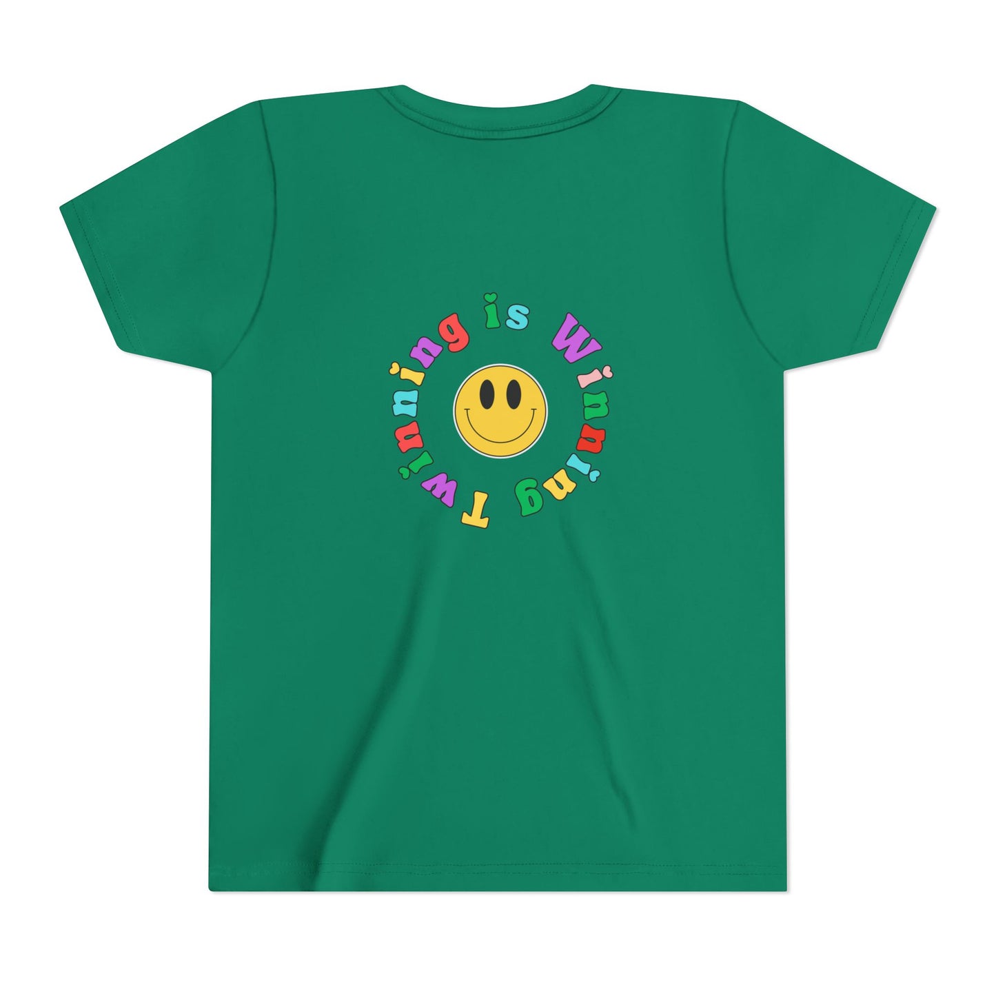 Twin Gymnastics Tee- Front and Back Retro Smiley Face Designs — 'Twinning is Winning' Rainbow