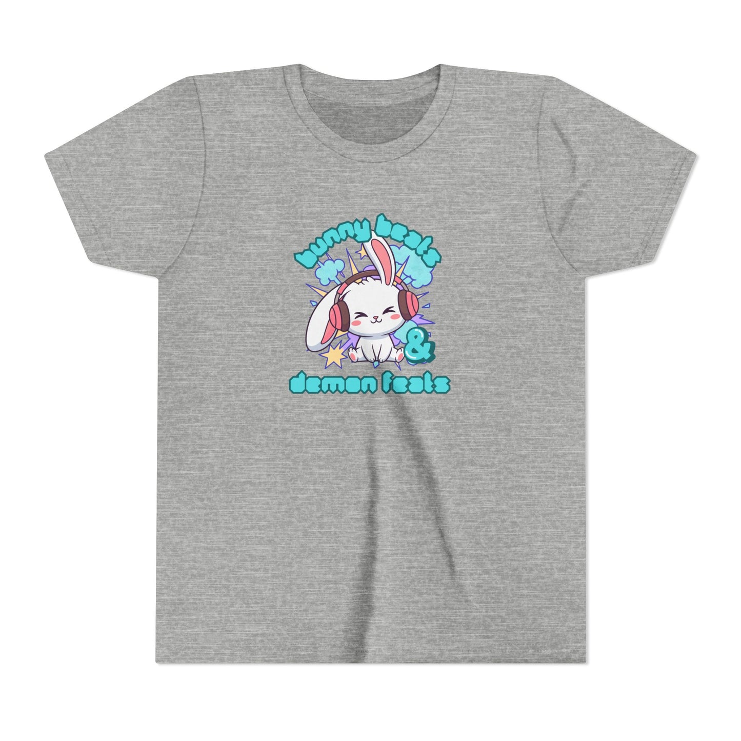 Cute Easter Bunny Headphones Graphic Tee for Young Adults- "Bunny Beats and Demon Feats" Anime K-pop Shirt