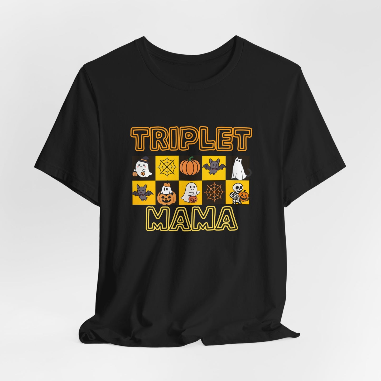 Triplet Mama Halloween Tee — Cute Spooky Mom Shirt with Ghosts & Pumpkins