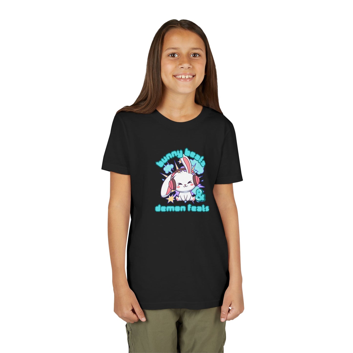 Cute Easter Bunny Headphones Graphic Tee for Young Adults- "Bunny Beats and Demon Feats" Anime K-pop Shirt