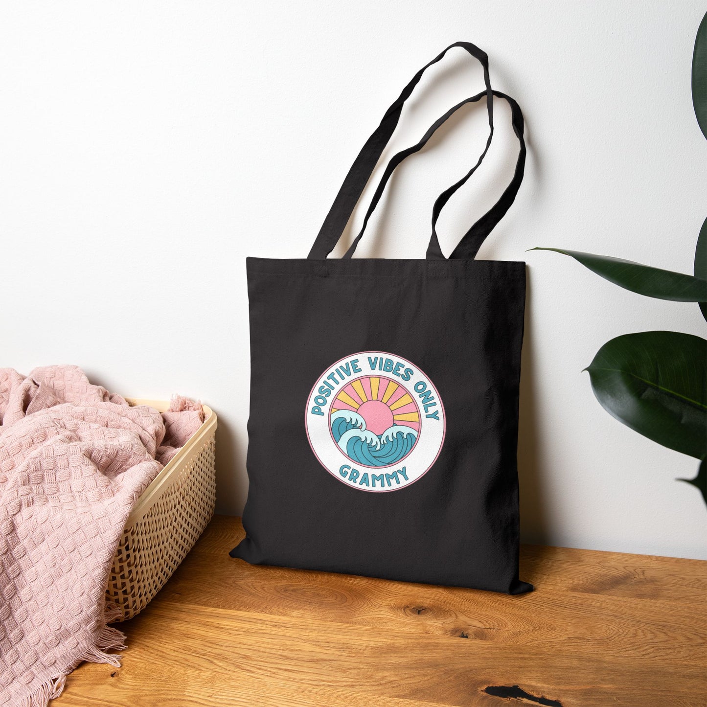 Grammy-Positive Vibes Only – Vintage Sunset Wave Canvas Shopper