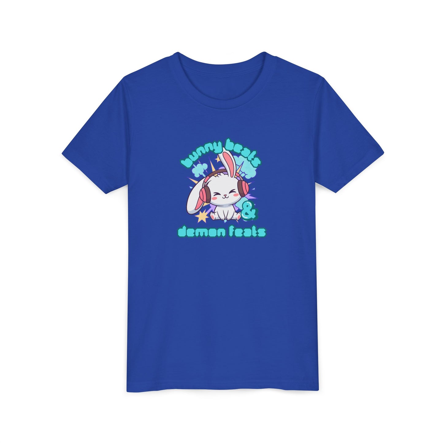 Cute Easter Bunny Headphones Graphic Tee for Young Adults- "Bunny Beats and Demon Feats" Anime K-pop Shirt