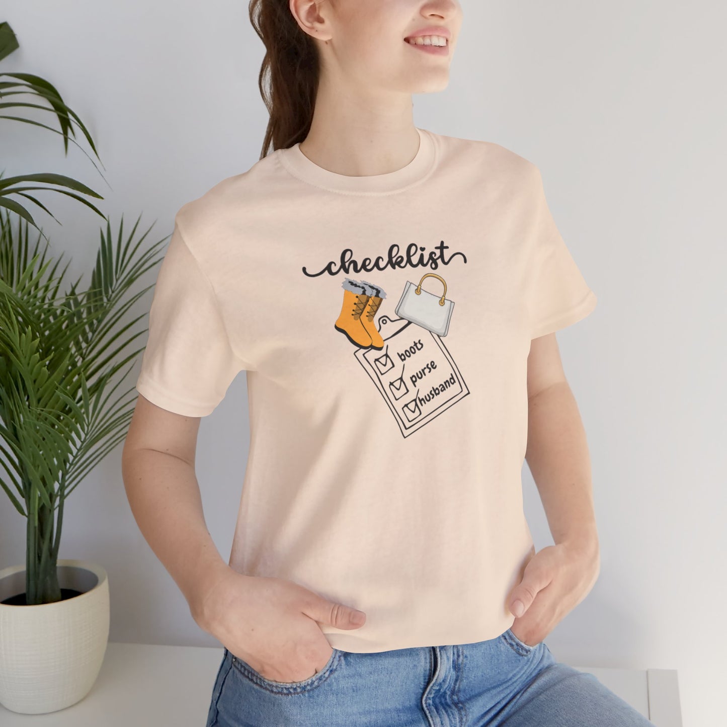 Wife Joke Checklist Tee - 'Checklist: Boots, Purse, Husband' Graphic T-Shirt Christmas Gift