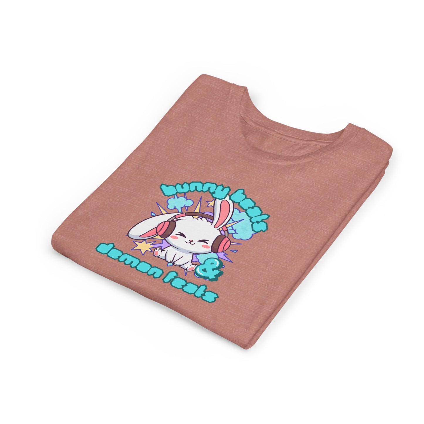 Cute Easter Bunny Headphones Graphic Tee for Young Adults- "Bunny Beats and Demon Feats" Anime K-pop Shirt