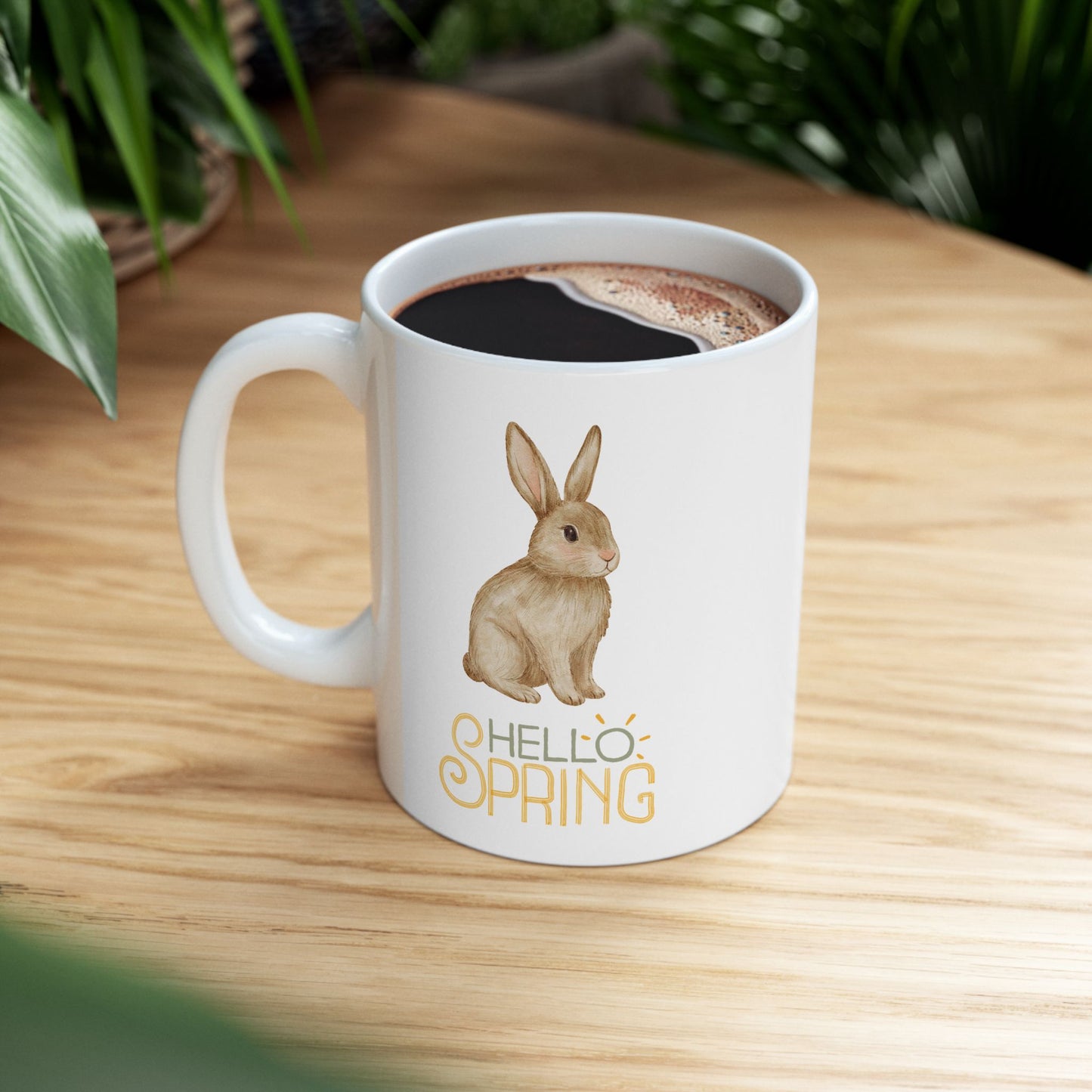 Hello Spring Bunny Ceramic Mug — Cute Watercolor Rabbit Coffee Cup