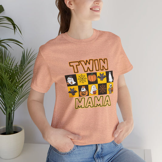 Twin Mama Halloween Tee – Cute Spooky Checkerboard Shirt for Twin Moms
