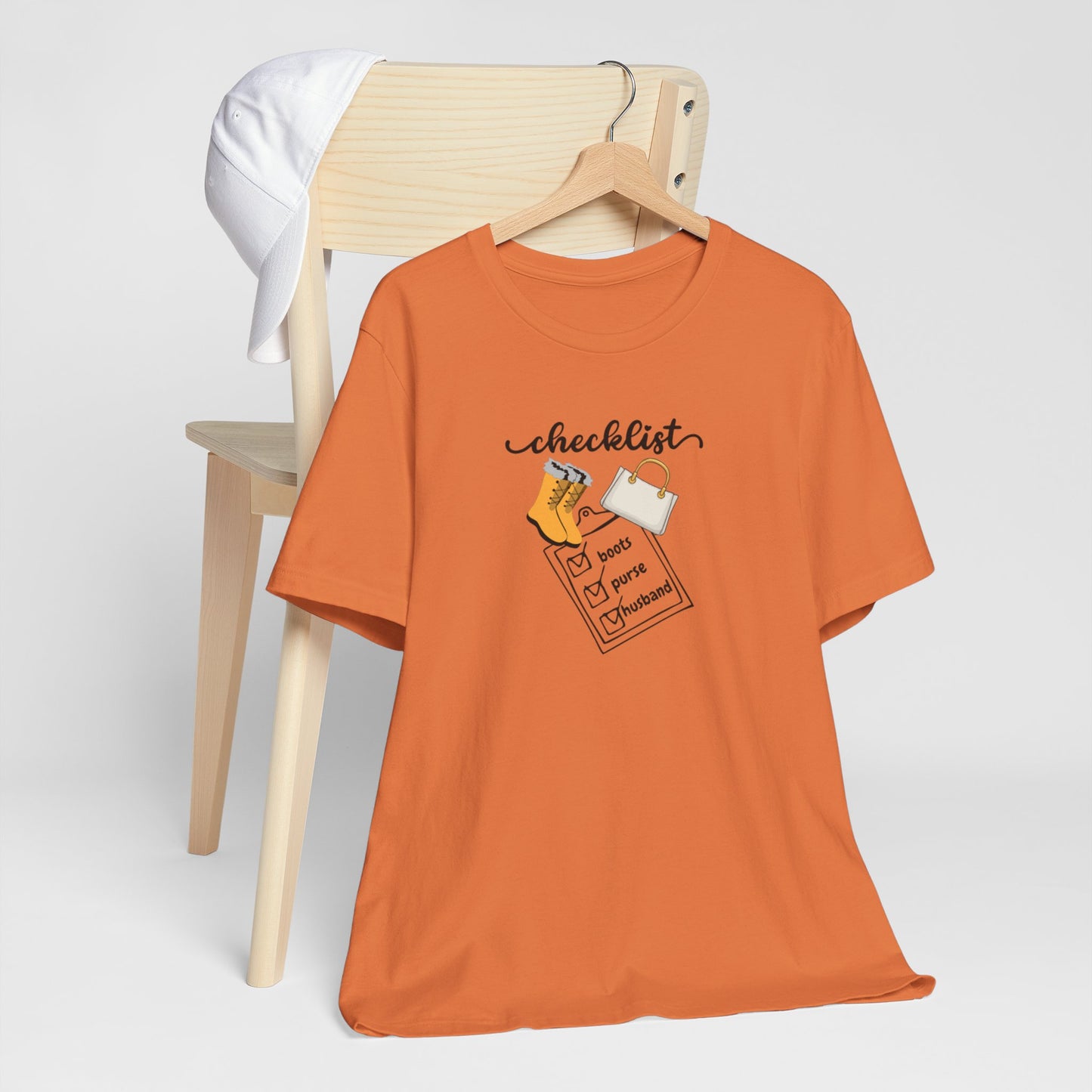 Wife Joke Checklist Tee - 'Checklist: Boots, Purse, Husband' Graphic T-Shirt Christmas Gift