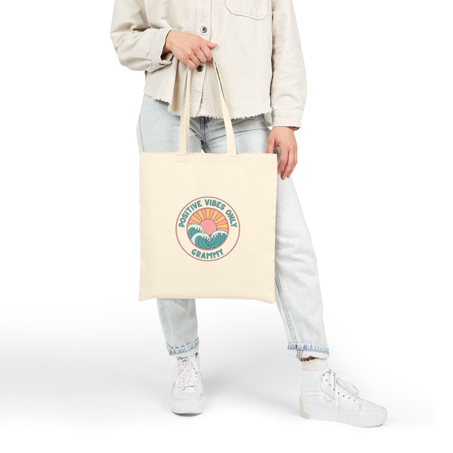 Grammy-Positive Vibes Only – Vintage Sunset Wave Canvas Shopper