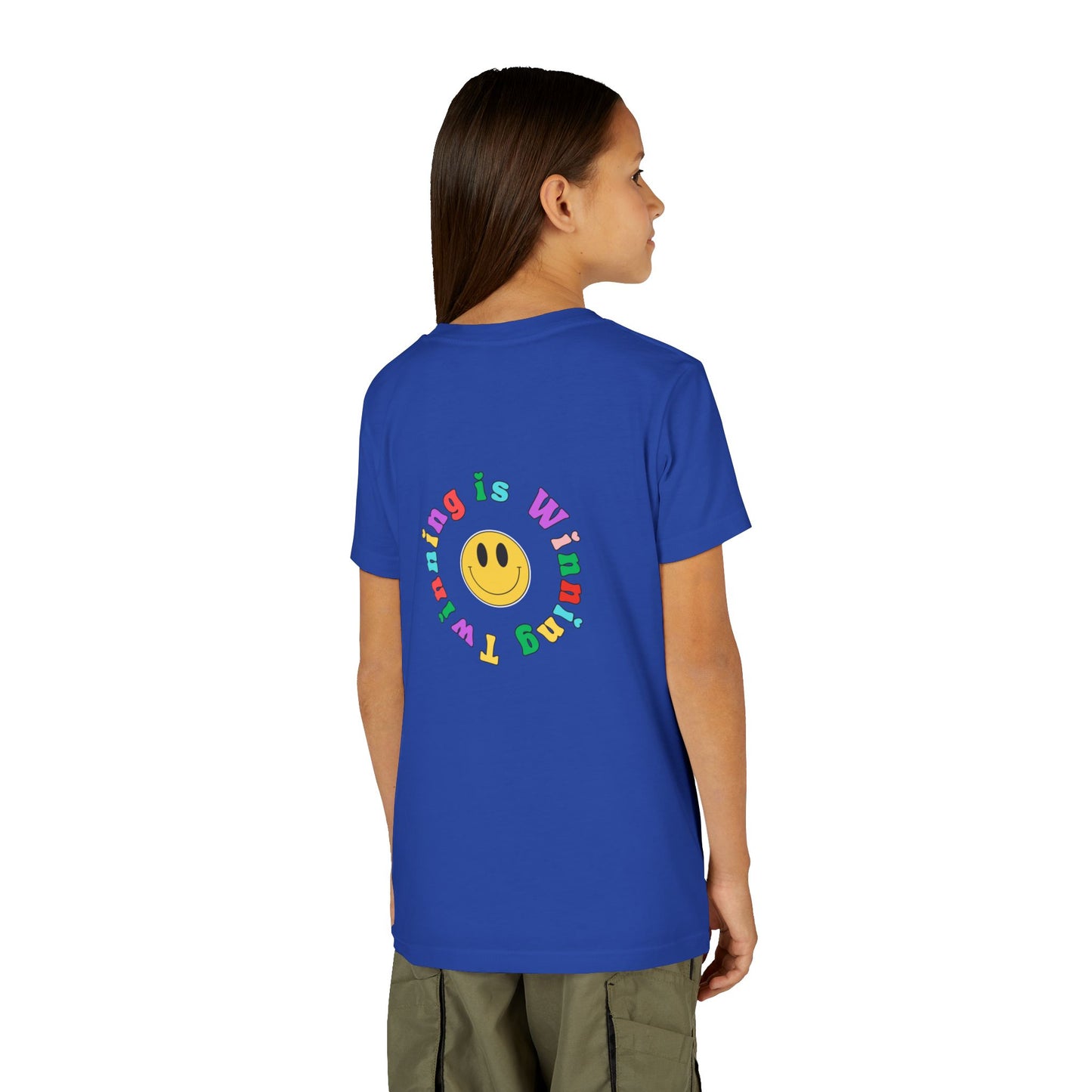 Twin Gymnastics Tee- Front and Back Retro Smiley Face Designs — 'Twinning is Winning' Rainbow