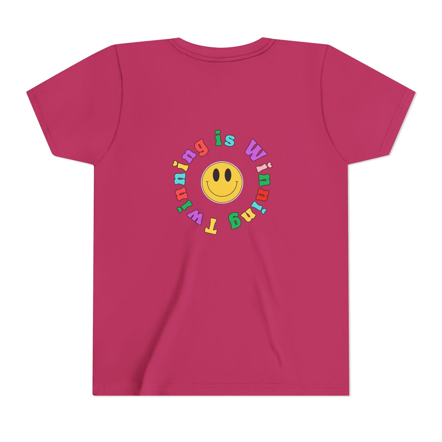 Twin Gymnastics Tee- Front and Back Retro Smiley Face Designs — 'Twinning is Winning' Rainbow