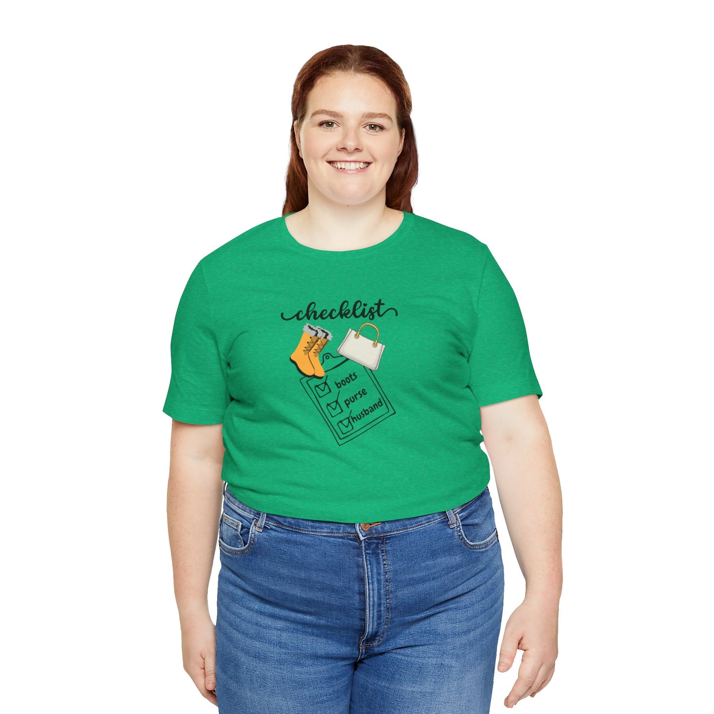 Wife Joke Checklist Tee - 'Checklist: Boots, Purse, Husband' Graphic T-Shirt Christmas Gift
