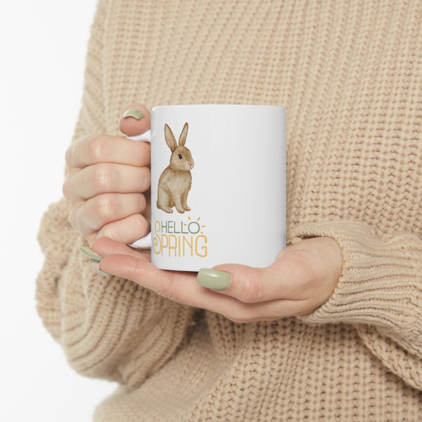 Hello Spring Bunny Ceramic Mug — Cute Watercolor Rabbit Coffee Cup