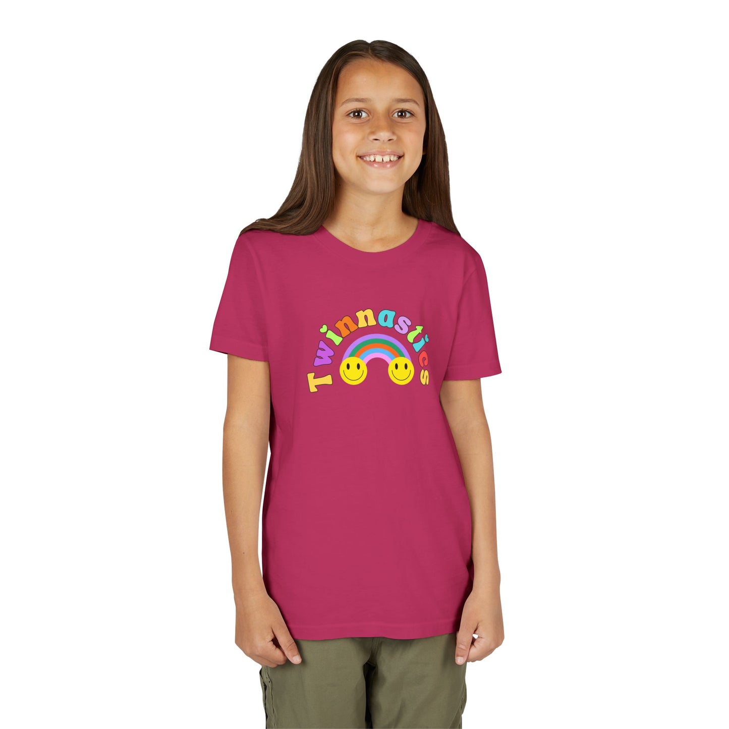 Twin Gymnastics Tee- Front and Back Retro Smiley Face Designs — 'Twinning is Winning' Rainbow