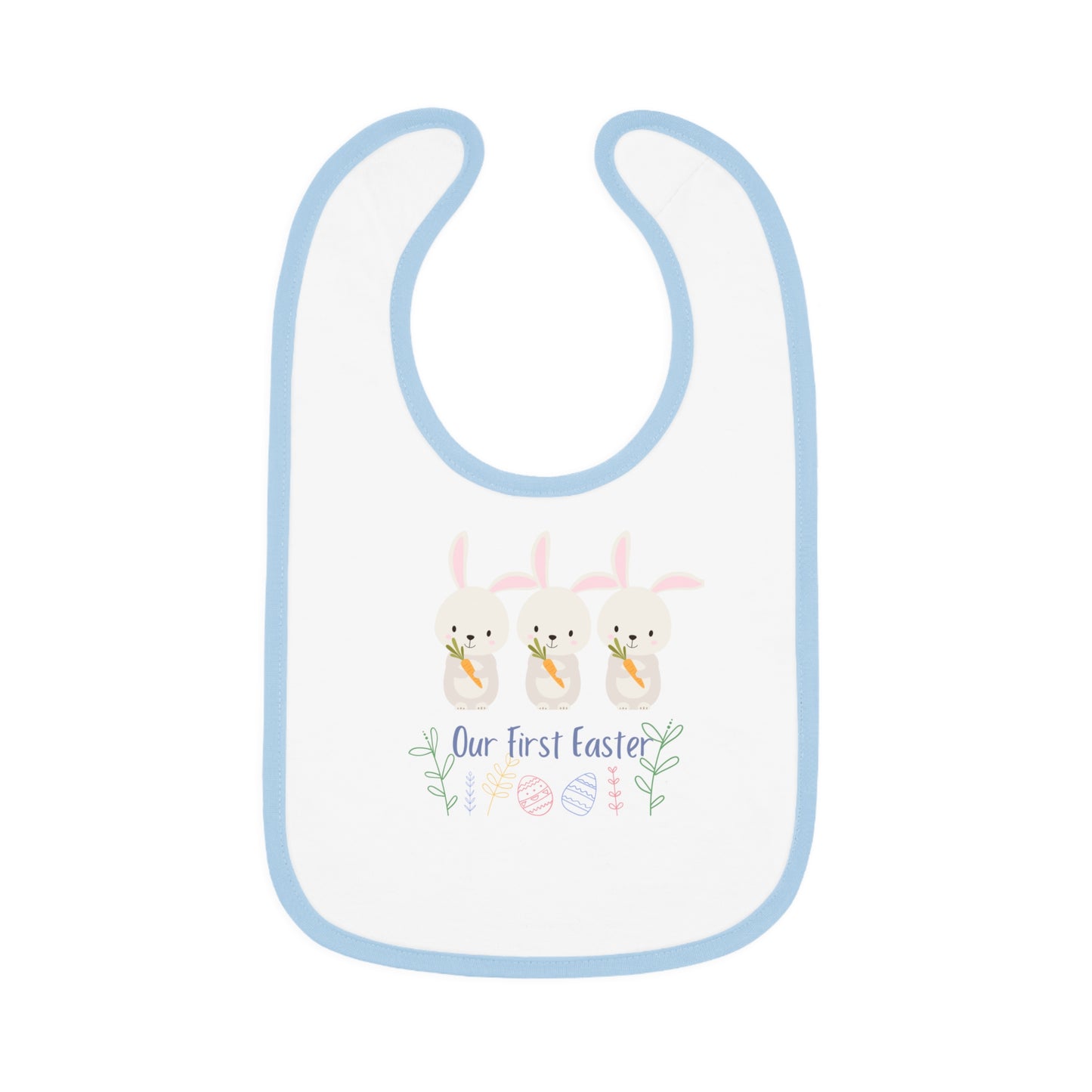 Our First Easter Triplet Baby Bib - Adorable Contrast Trim Jersey Bib for Special Celebrations