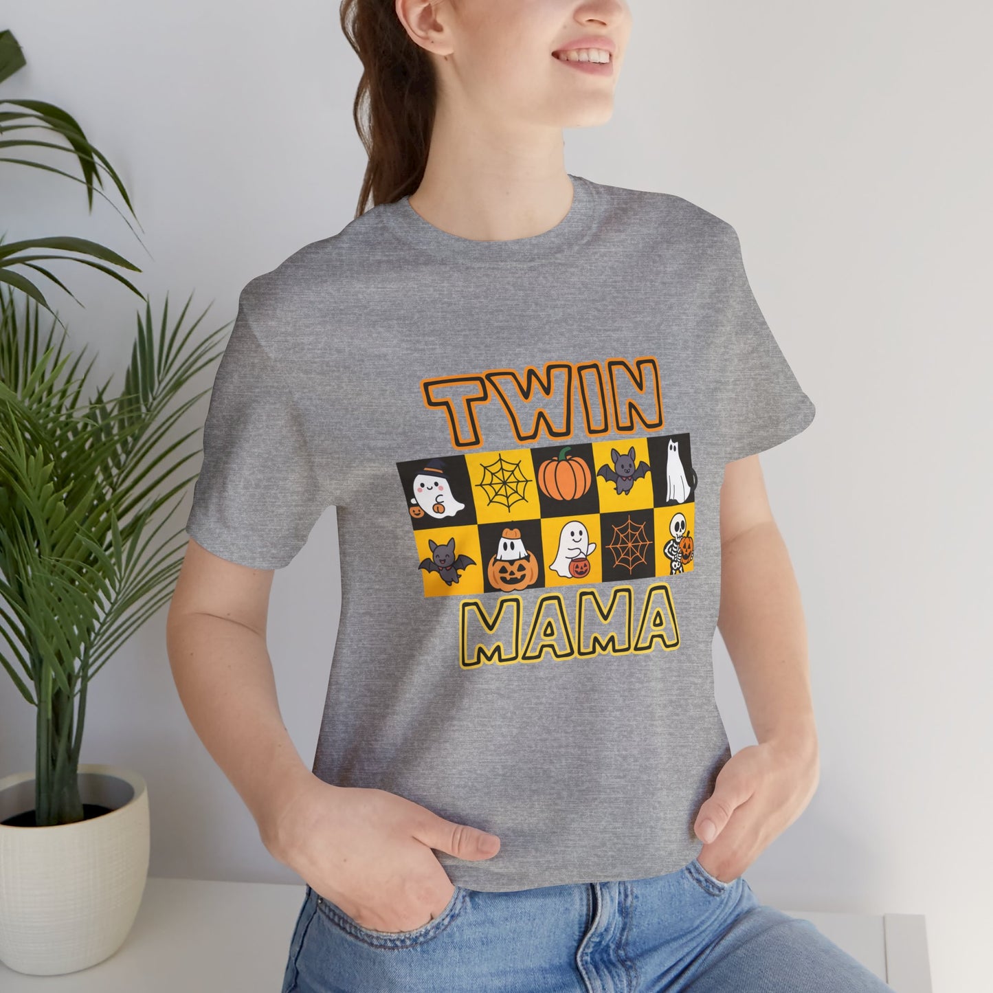 Twin Mama Halloween Tee – Cute Spooky Checkerboard Shirt for Twin Moms
