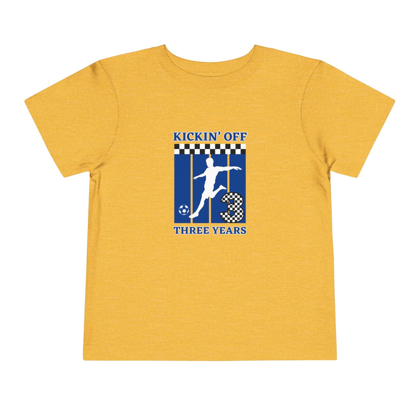 Kickin' Off Three Years Toddler Boy Tee — Soccer Third Birthday Shirt