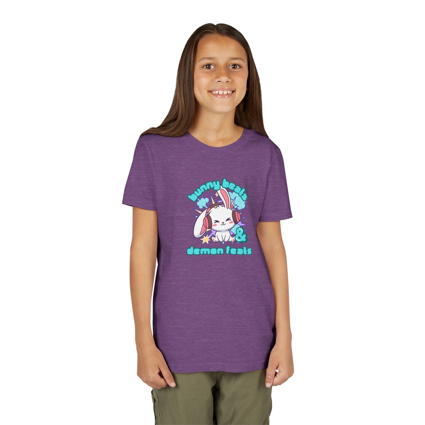 Cute Easter Bunny Headphones Graphic Tee for Young Adults- "Bunny Beats and Demon Feats" Anime K-pop Shirt