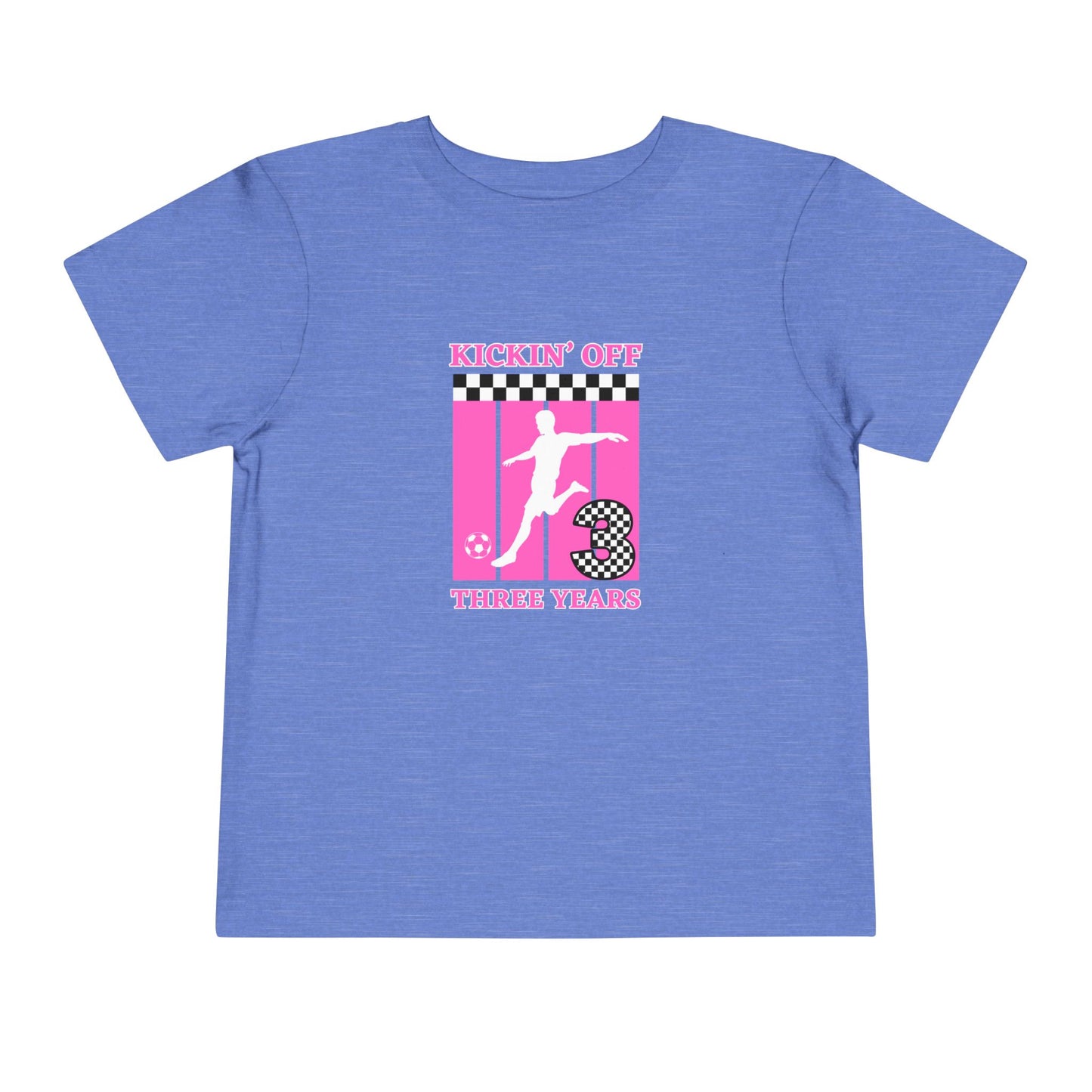 Toddler Girls Soccer Third Birthday Tee — "Kickin' Off Three Years" Pink