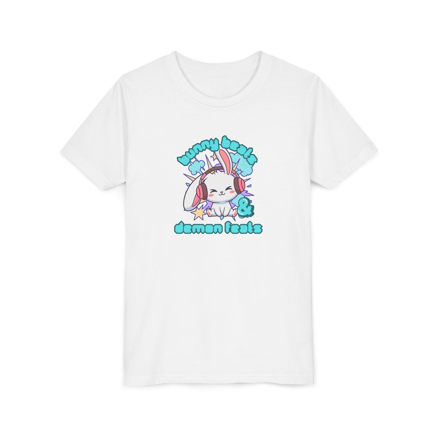 Cute Easter Bunny Headphones Graphic Tee for Young Adults- "Bunny Beats and Demon Feats" Anime K-pop Shirt