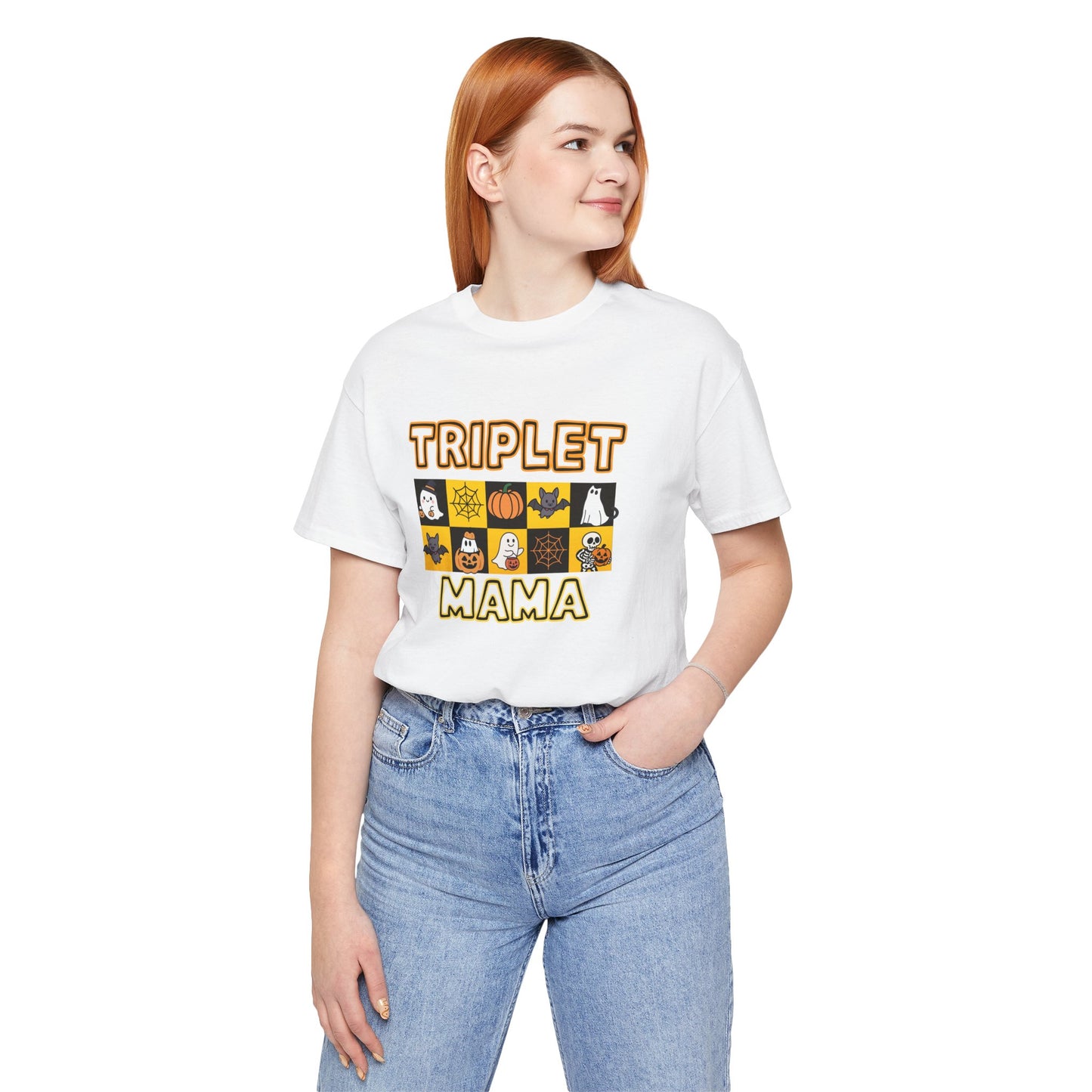 Triplet Mama Halloween Tee — Cute Spooky Mom Shirt with Ghosts & Pumpkins