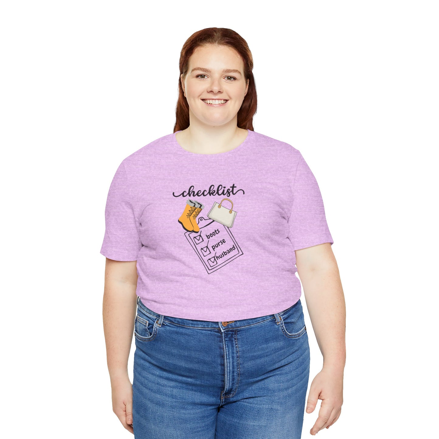 Wife Joke Checklist Tee - 'Checklist: Boots, Purse, Husband' Graphic T-Shirt Christmas Gift